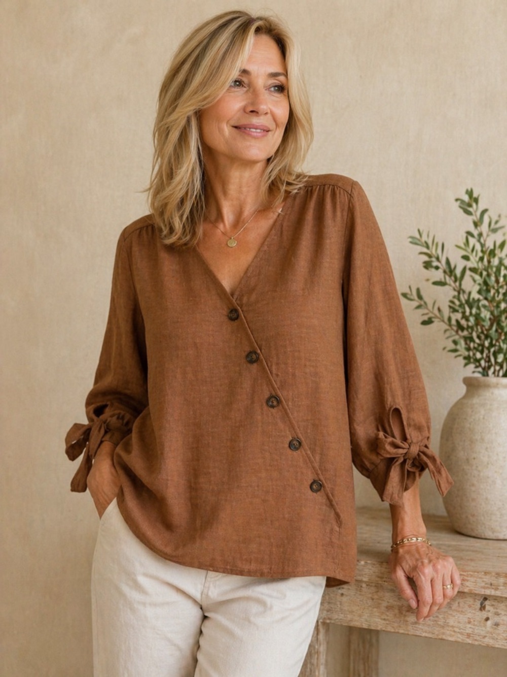 Soft Surroundings Brown Wrap Blouse Tie Sleeve Button Front Lightweight Top XL